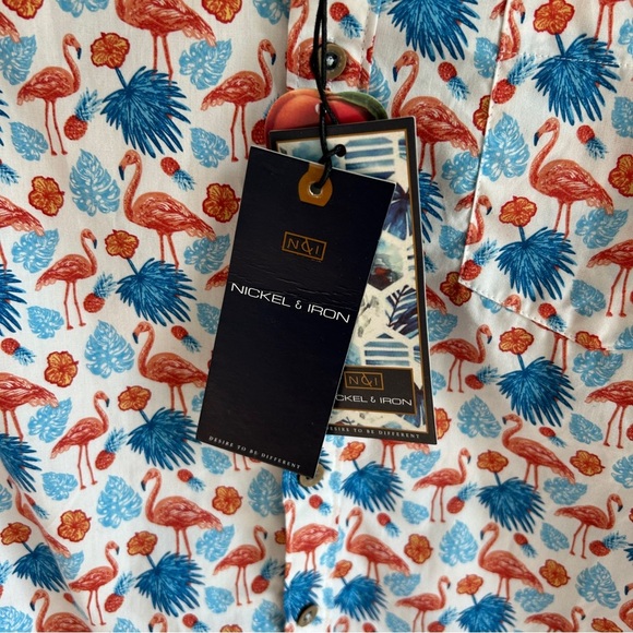 NWT Nickel & Iron White Flamingo All Over Print Short Sleeve Button Up Medium - Picture 11 of 11